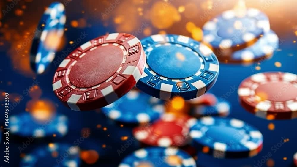Colorful chips scattered on a table. Bright red and blue poker chips are scattered across a casino table with a blurred background full of lights.