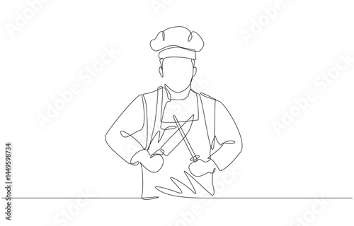 Continuous one line drawing of chef sharpening knife, professional culinary craftsmanship concept, single line art