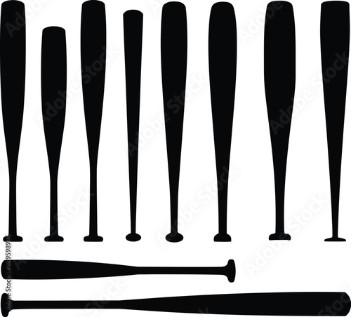 Baseball bats. Black silhouettes of baseball bats. Vector illustration