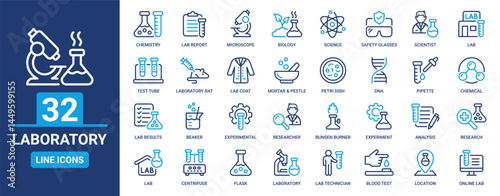 Laboratory icon set. Containing lab, chemistry, experiment, flask, chemical, scientist, science, microscope, biology and more. Outline vector icons collection.