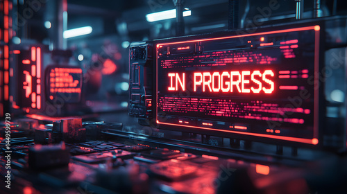 A digital interface displays code with the phrase 