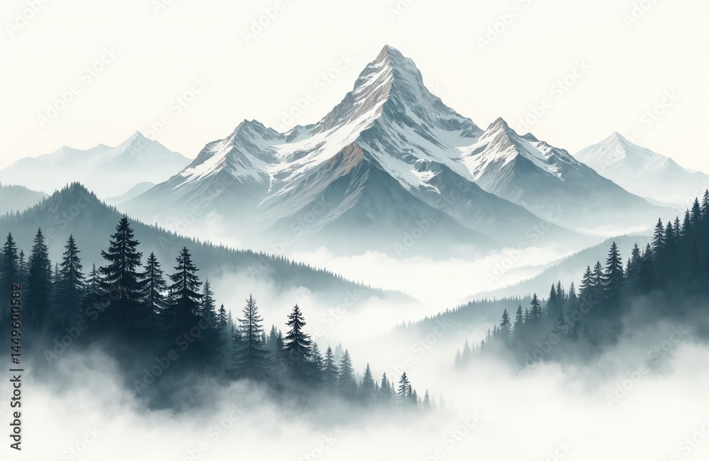 Ink illustration shows mountain landscape in fog. Evergreen trees on slopes, snow-capped peaks. Beautiful natural scenery, perfect for travel and tourism, meditation or relaxation, postcards, posters.