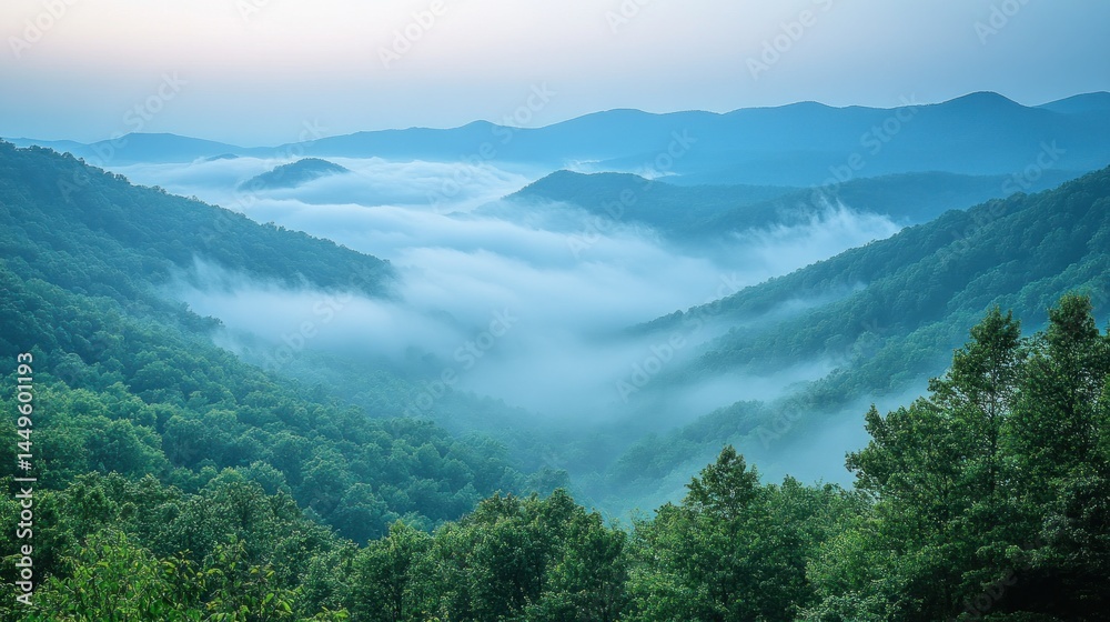 Fototapeta premium Misty mountain sunrise, valley view, scenic landscape, travel poster