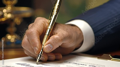 Elegant golden pen signing official documents for business agreements