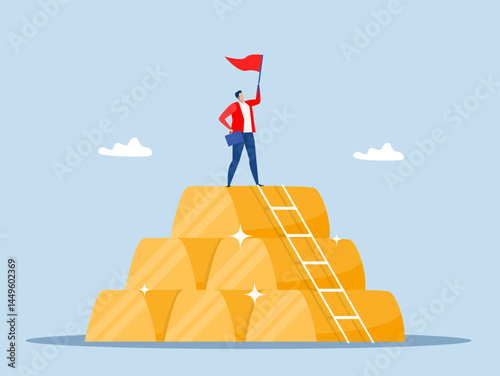 Gold investment concept, businessman success wealth manager, trader or rich investor sitting on stack of gold bar bullion,wealth management and asset allocation concept vector