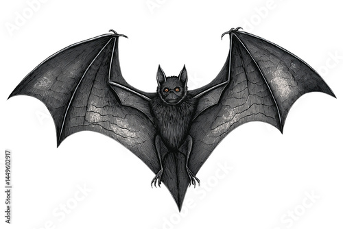 Black textured flying bat illustration isolated on a transparent or white background.