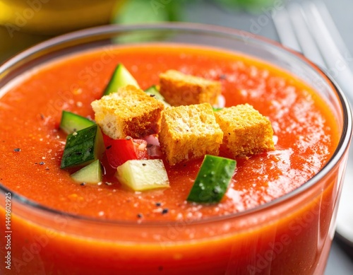Gazpacho Soup In Glass Bowl With Croutons
