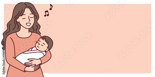 Mother calming baby girl with lullaby at bedtime, illustrated banner with blank space for additional text, cozy and loving scene