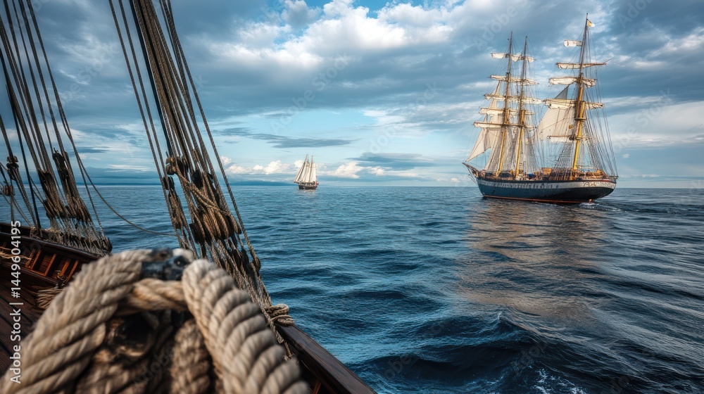 Obraz premium Historic sailing ships on a vast expanse of water.