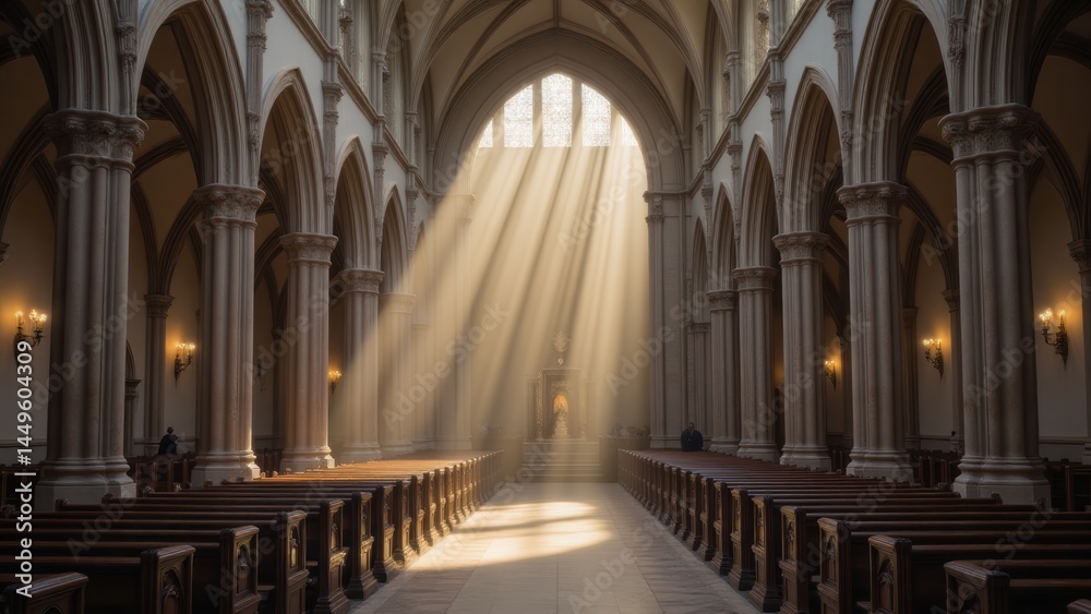Fototapeta premium Sunlit Church Interior: Gothic Architecture, Empty Pews, and Divine Light Rays