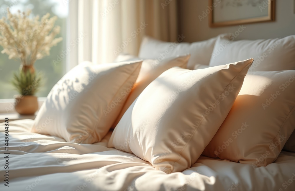 Close-up of soft, elegant pillows on bed. Light beige color, cozy vibes in room. Sunlight creates shadows. Comfort, relaxation, home decor. Bedroom, hotel interior. Linen bedding.
