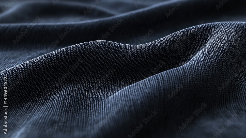 Fototapeta premium High-resolution close-up of jersey fabric, showing its smooth, stretchy texture and solid black color, with visible knit stitches, placed on a T-shirt