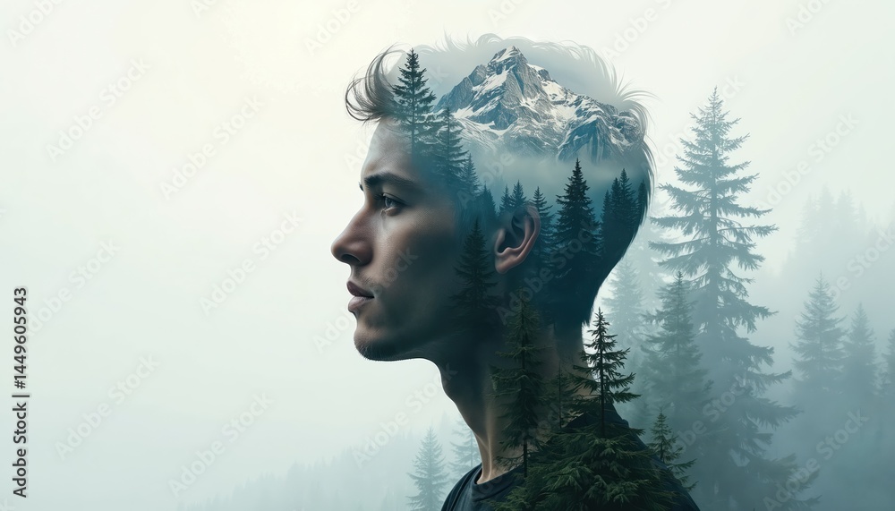 Double exposure illustration of human profile with mountain landscape, forest. Nature, thought concept, inner world, creative idea, dream, imagination. Artistic image conveys serenity, mindfulness,