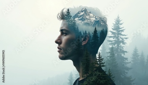 Obraz na płótnie Double exposure illustration of human profile with mountain landscape, forest. Nature, thought concept, inner world, creative idea, dream, imagination. Artistic image conveys serenity, mindfulness, w salonie