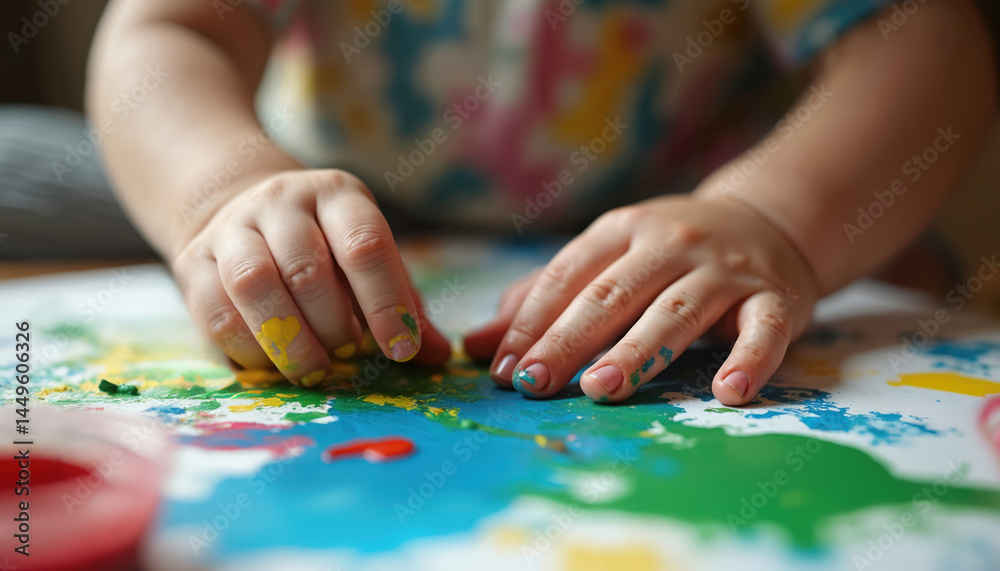 Fototapeta premium Child hands paint on white paper with colorful paints. Child creates art with creativity, inspiration, expression. Art therapy session in creative art school. Education, childhood, fun.