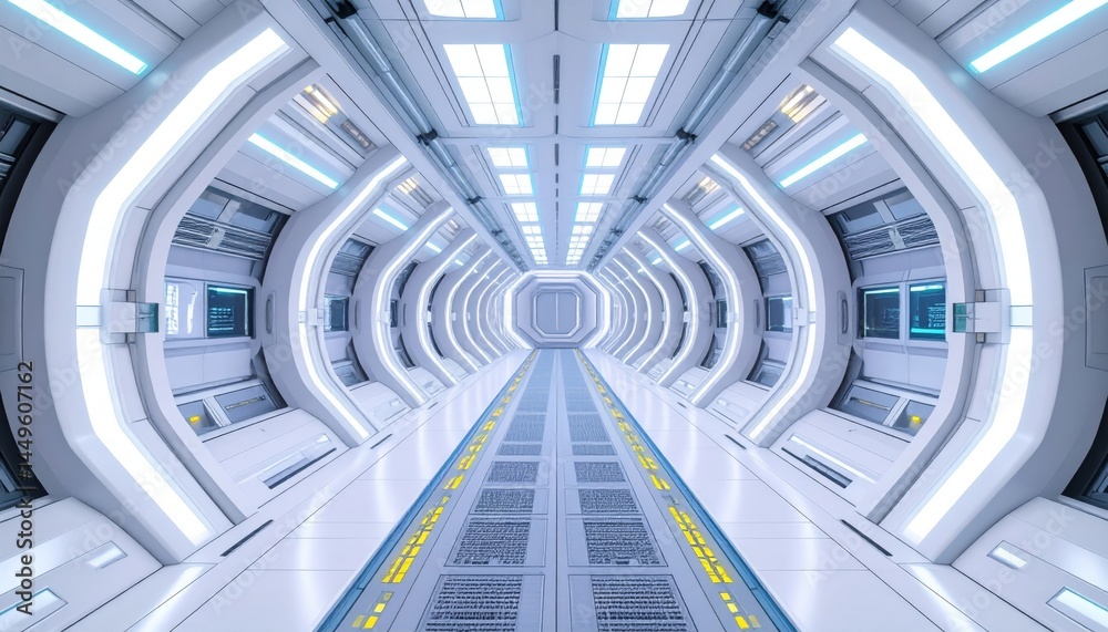 Exploring futuristic space corridor sci-fi setting virtual environment high-tech design wide angle perspective innovation concept Exploring futuristic space corridor sci-fi setting virtual environment high-tech design wide angle perspective innovation concept
