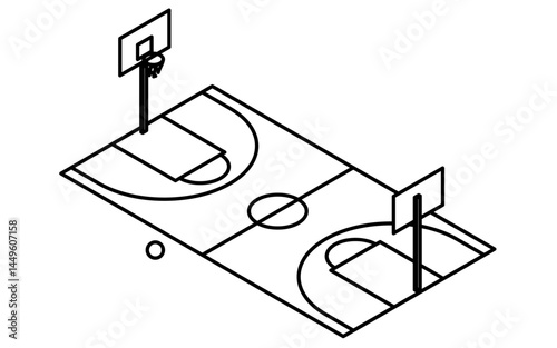 Isometric illustration of a simple line drawing of a basketball court