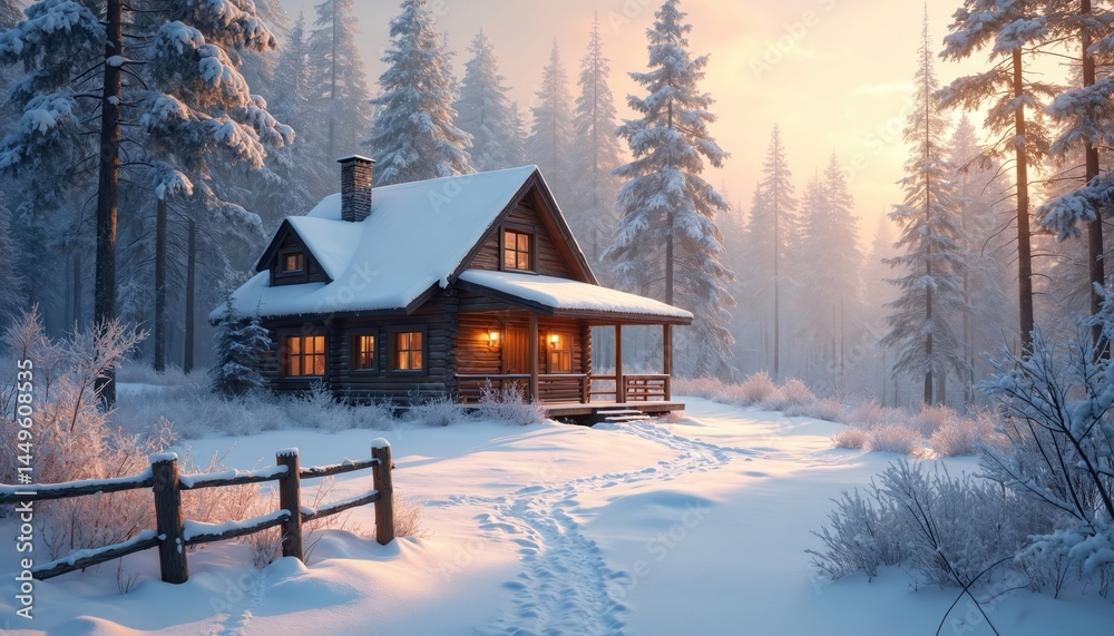 Cozy cabin nestled in a snowy winter wonderland. Wooden house with snow-covered roof emits warm light. Frosty trees create a serene, tranquil landscape for holidays. Winter season theme.