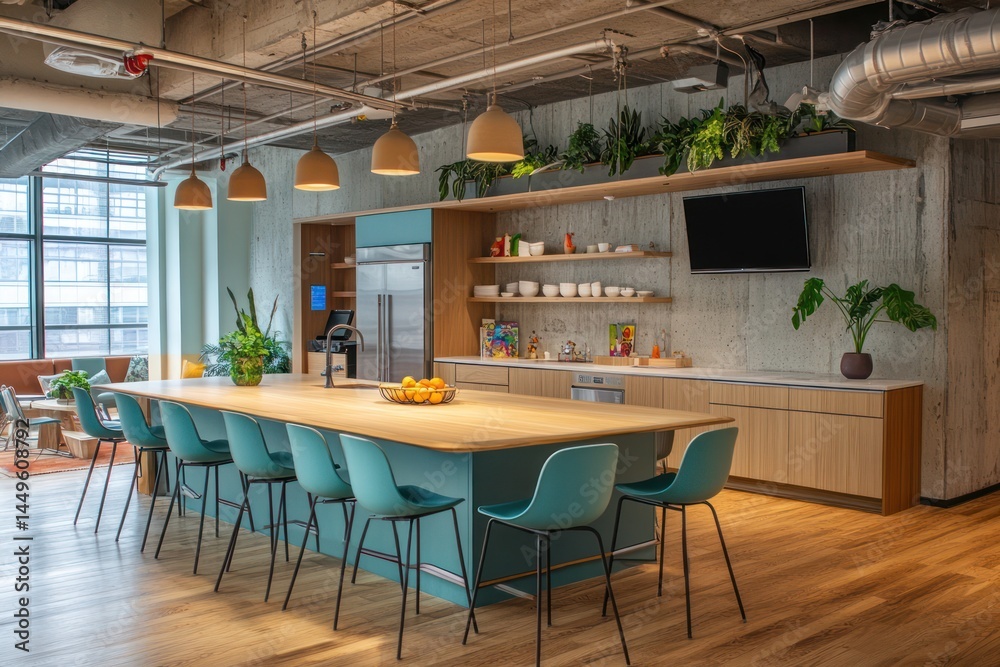 Modern open-plan kitchen area with light wood and teal accents. Built-in seating and storage, plants, and a large central island Modern open-plan kitchen area with light wood and teal accents. Built-in seating and storage, plants, and a large central island
