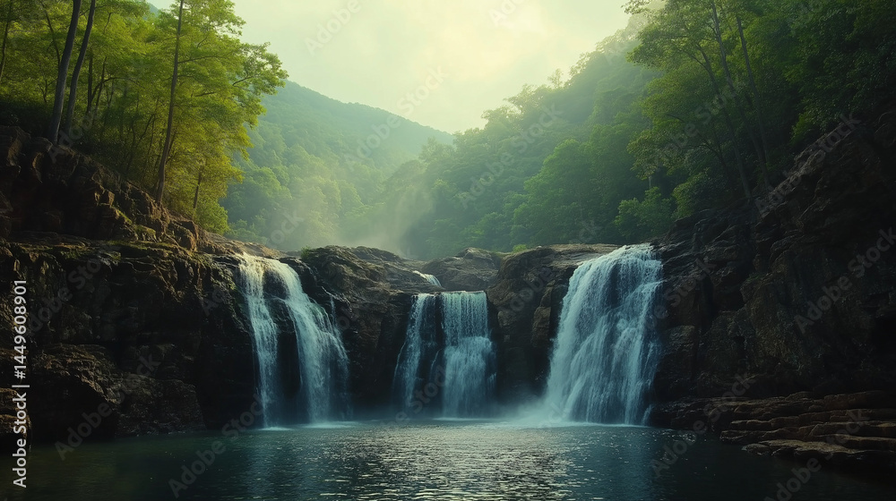 Fototapeta premium Scenic Waterfall in Lush Forest at Sunrise – Peaceful Nature Landscape