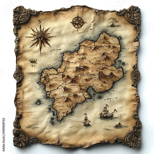 Old Map With Treasure Markings, vector watercolor illustration, isolated on a white background.