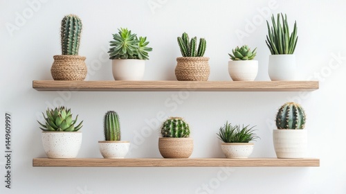 A set of minimalist shelves with ceramic pots and cacti