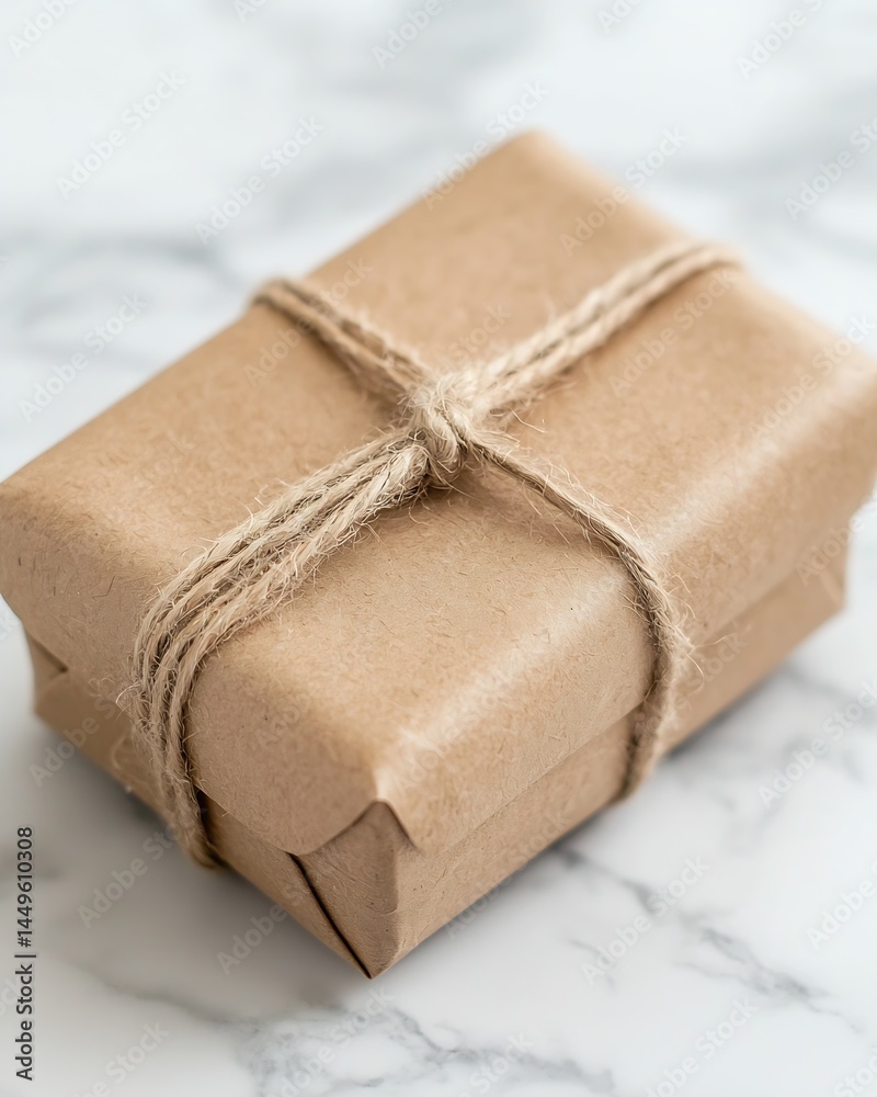 Brown Paper Wrapped Gift with Twine on Marble