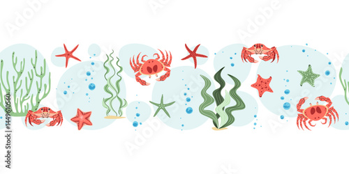 Seamless Horizontal Border with Crabs, Seaweed and Starfish. Coastal Pattern for Fabric, Scrapbooking and Wall Decor. Repeatable Nautical Vector Design.