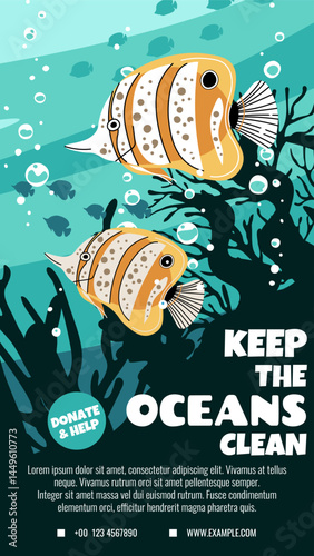 World Oceans Day Story Template Featuring Butterflyfish on Coral Reef to Support Marine Conservation. Vertical Vector Illustration Is Perfect for Social Media Campaigns About Reef Protection.