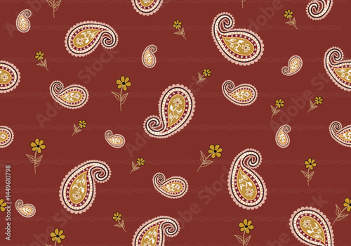 Paisley is a distinctive, intricate fabric pattern featuring teardrop-shaped motifs with a curved upper end, often adorned with elaborate, swirling designs. Originating from Persian and Indian art