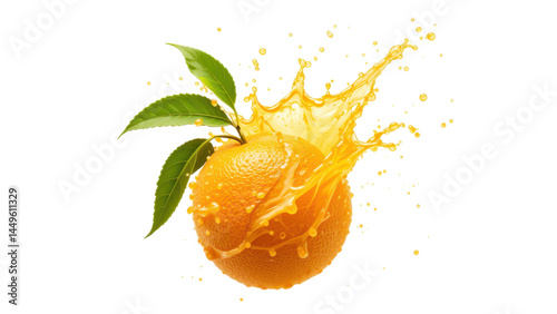 whole orange, with a vibrant juice splash , isolated on transpraent png photo