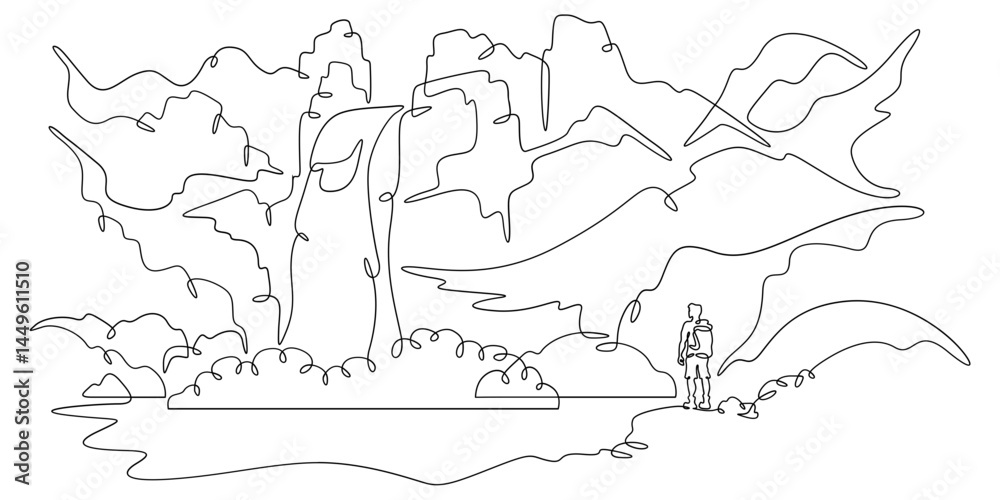 Obraz premium Continuous one line drawing a tourist stands at the foot of a waterfall. A traveler with a backpack. A man stands on a stone. A mountain waterfall.One continuous line isolated minimal illustration.