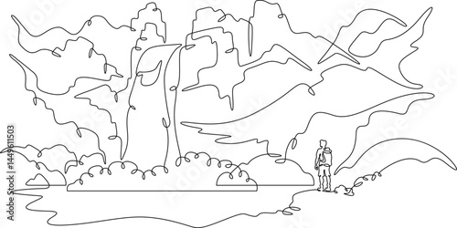 Continuous one line drawing a tourist stands at the foot of a waterfall. A traveler with a backpack. A man stands on a stone. A mountain waterfall.One continuous line isolated minimal illustration. 