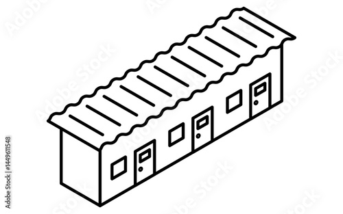 Isometric illustration of a simple line drawing of a prefabricated shed for temporary housing, changing rooms, etc