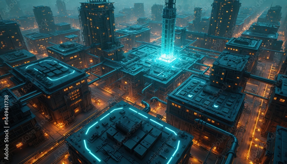 Future holographic factory city view. Futuristic cityscape, neon lights, industrial buildings. Sci-fi scene, advanced tech, urban design, factory concept. Holographic industry, digital
