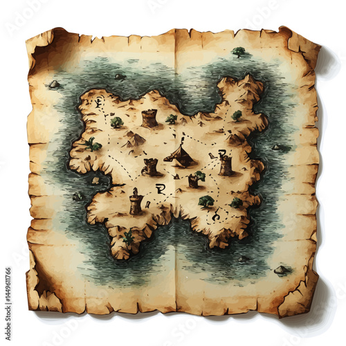 illustration of Old Map With Treasure Markings, watercolor vector, isolated on a white background.