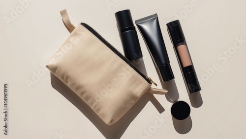 Cosmetic bag mock-up in natural light. Beige canvas pouch with zipper. Make-up case for beauty products, toiletries. Minimalist design, top view flat lay. Perfect for brand, product presentation.