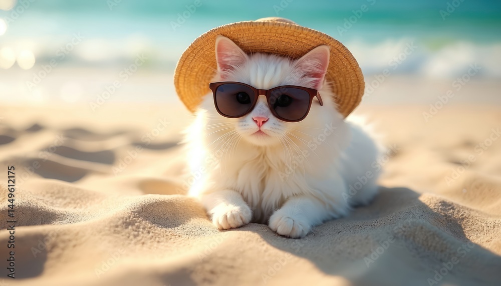 Cute white cat wearing sunglasses straw hat on beach sand. Adorable kitten enjoys summer vacation. Cat relaxing at seaside resort. Funny pet with eyewear sunbathing at ocean shore.