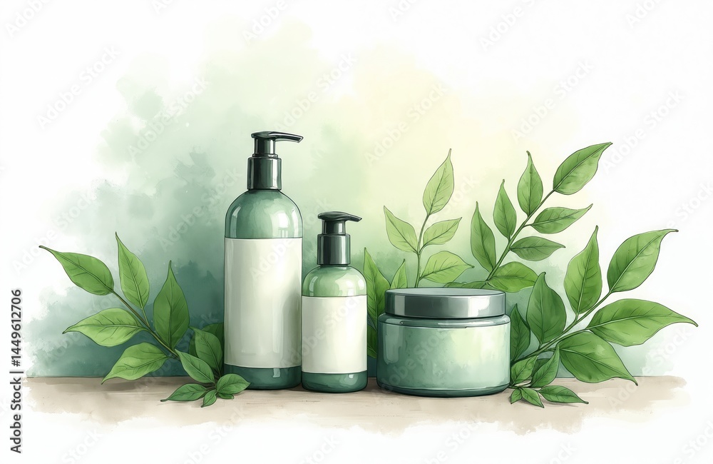 Watercolor illustration of eco-friendly cosmetic bottles jars. Natural green plants leaves, eco package mockup product for skincare, body care, zero waste concept, spa. Eco-friendly, biodegradable,