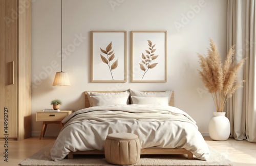 Scandinavian style bedroom mockup. Natural wood furniture, beige color scheme. Features bed, nightstand, plant, paintings, pendant lamp, curtains and a stylish stool. Calm interior, serene atmosphere.