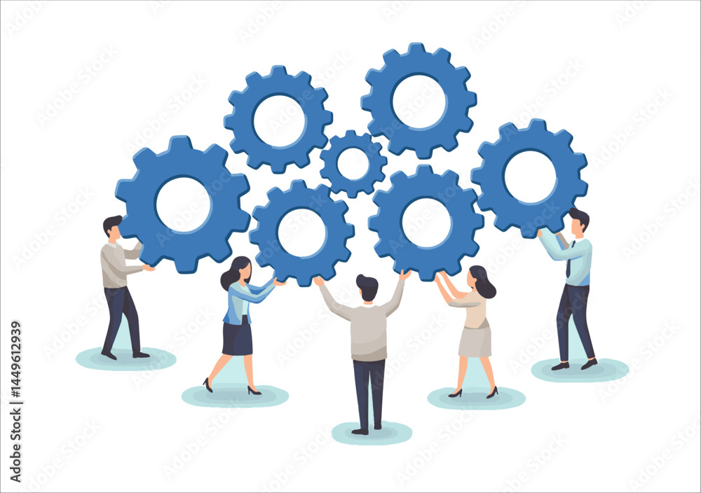 Illustration of a professional team working together to turn interconnected gears, symbolizing teamwork, collaboration, synergy, and collective effort toward problem-solving, planning, and shared succ Illustration of a professional team working together to turn interconnected gears, symbolizing teamwork, collaboration, synergy, and collective effort toward problem-solving, planning, and shared succ