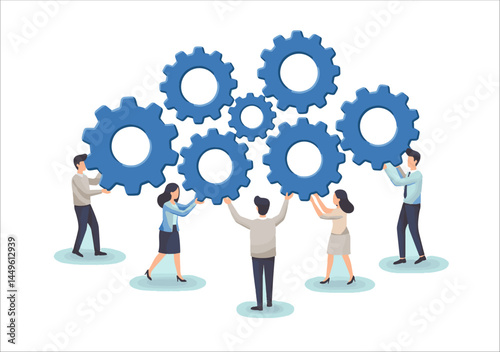 Illustration of a professional team working together to turn interconnected gears, symbolizing teamwork, collaboration, synergy, and collective effort toward problem-solving, planning, and shared succ