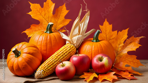 Herbstliche Dekoration mit buntem Laub, Kürbissen, Äpfeln und Maiskolben