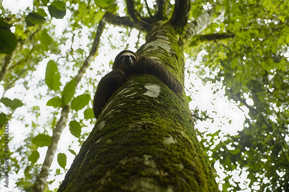 Fototapeta premium Amazon slowly climbing a mossy tree in the Sloth