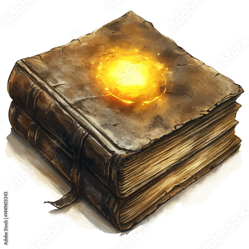 illustration of Old Leather-bound Grimoire With A Glowing Aura, watercolor vector, isolated on a white background.