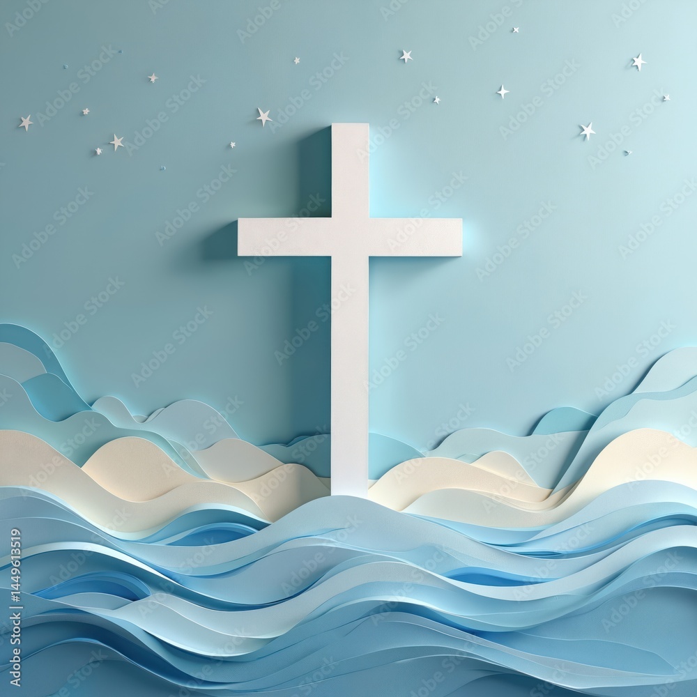 Paper collage illustration depicts white cross over paper ocean waves under starry sky. Christian faith and hope symbol. Religious concept for prayer, church and easter celebrations.
