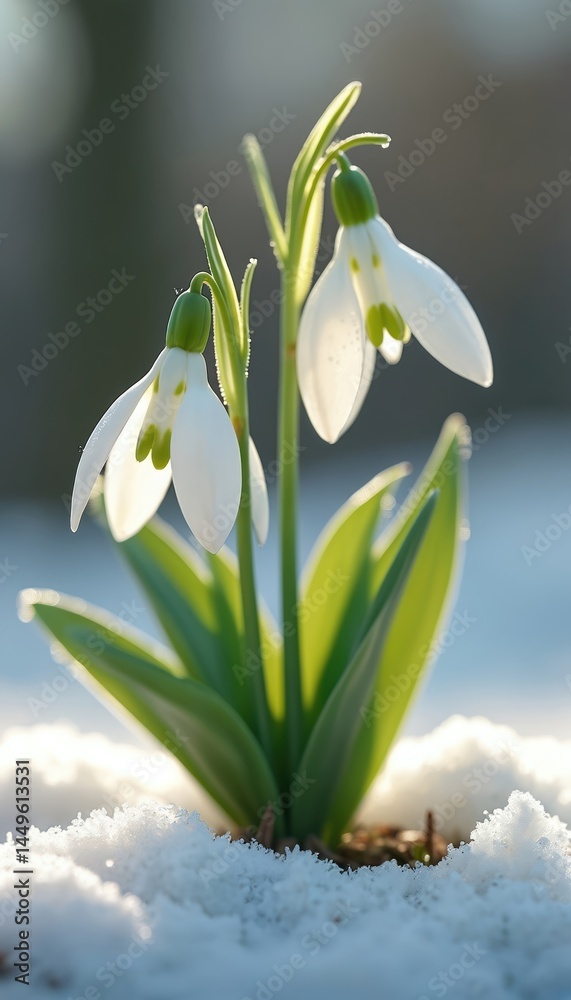 Snowdrop flowers bloom in snow. White blossom with green leaves on winter background. Springtime beauty, season change, new life, nature concept. Closeup macro photo, sunlight.