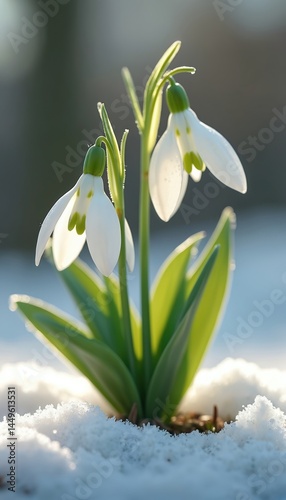 Snowdrop flowers bloom in snow. White blossom with green leaves on winter background. Springtime beauty, season change, new life, nature concept. Closeup macro photo, sunlight.