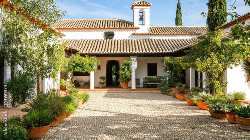 Tranquil Courtyard of Spanish Hacienda with Lush Potted Plants and Cobblestone