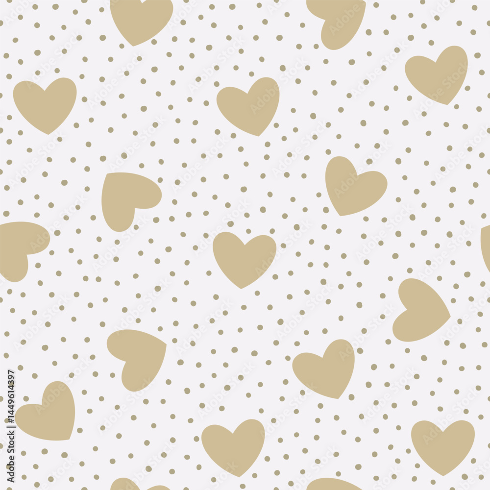 Fototapeta premium Seamless pattern with beige hearts and small dots on white background. Simple vector repeating texture for Valentine day and wedding celebration